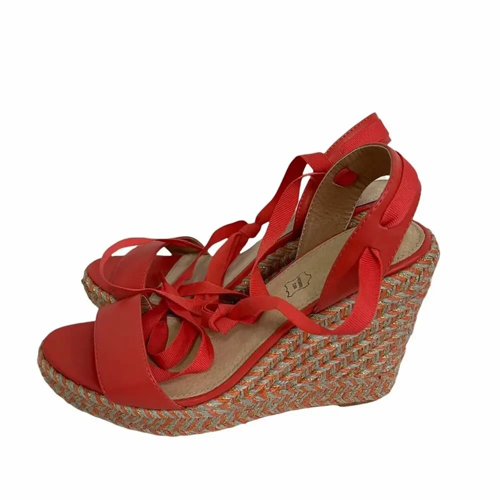 NWOT VANESSA WU Espadrille Wedge Coral Gold Gray Raffia Yarn Size 40/ US 10